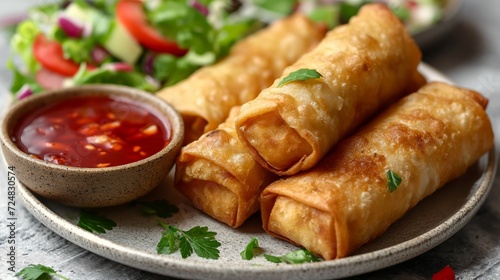 Delicious Chinese fried spring roll on a plate with a red dipping sauce and salad. food photography photo