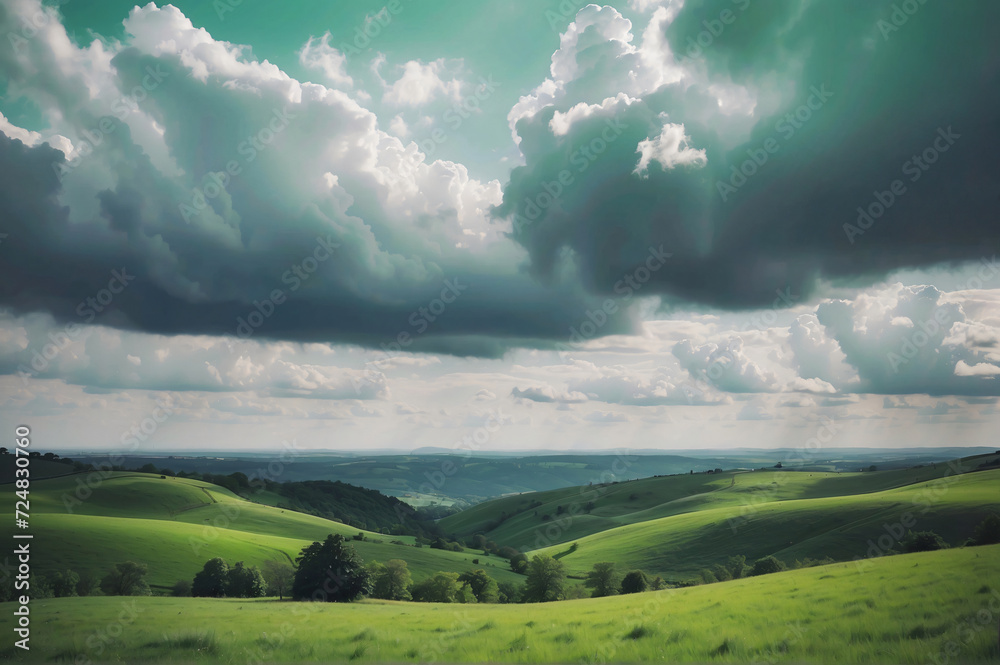 Beautiful view of green landscape against cloudy sky Beautiful view of green landscape against cloudy sky