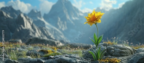 A single flower amidst towering mountains, its vibrant yellow radiance.