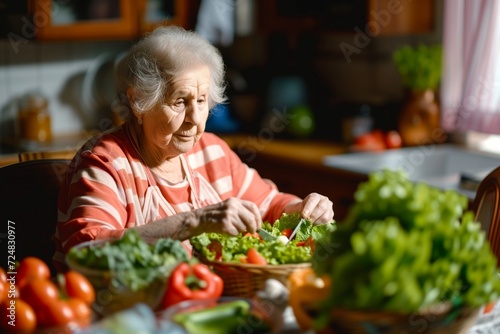 elderly woman preparing salad with fresh vegetables in kitchen