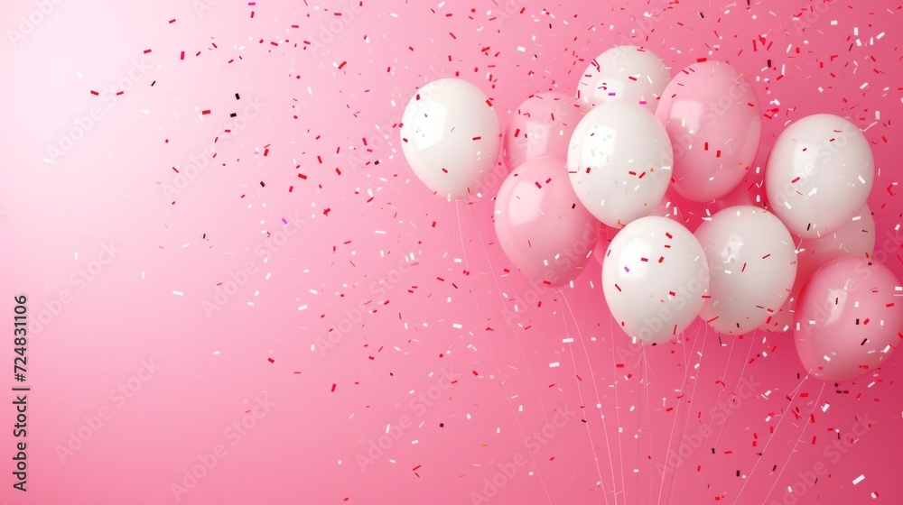 Celebration background concept with pink, white ballons and confetti, text copy space
