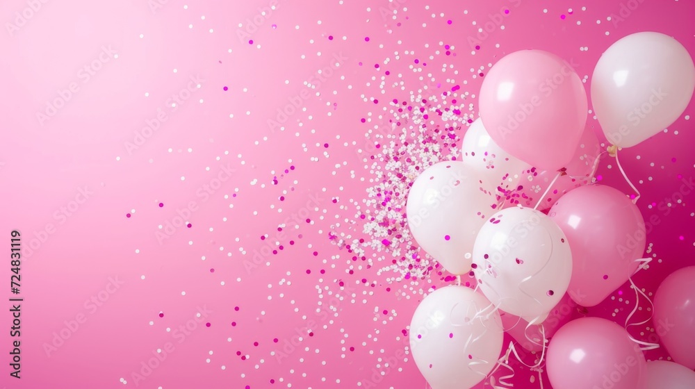 Celebration background concept with pink, white ballons and confetti, text copy space
