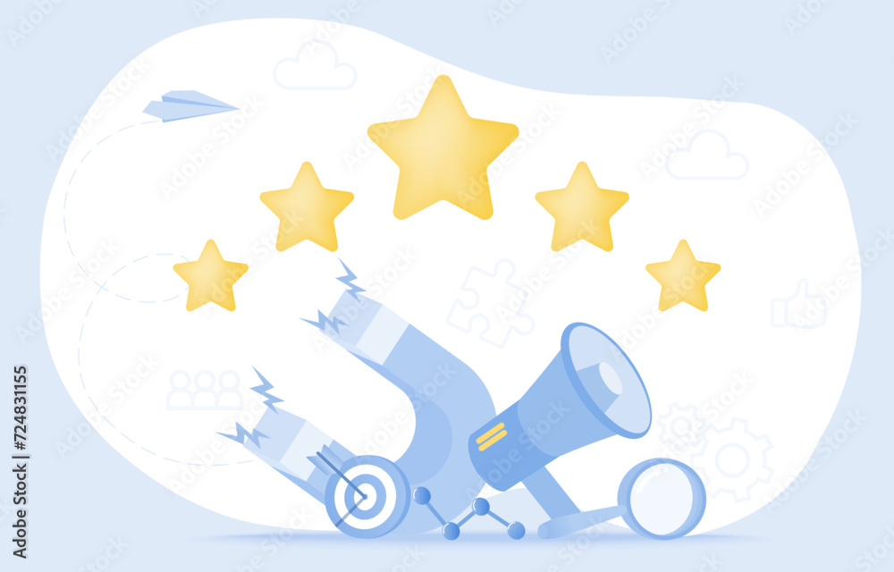 Customer satisfaction and digital marketing concept. Elements of announcement, advertising, content, promotion, positive review and suggestion to improve product or service. Flat vector illustration. Customer satisfaction and digital marketing concept. Elements of announcement, advertising, content, promotion, positive review and suggestion to improve product or service. Flat vector illustration.