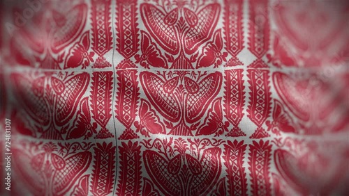 Assamese Gamosa or Gamusa embroidery motifs fabric wave loop. muga silk cloth fluttering in the wind or waving red and white cloth. red Indian pattern.
 photo