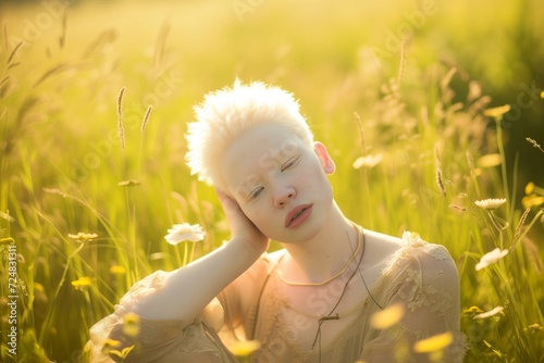 model with albinism posing in a sunlit meadow