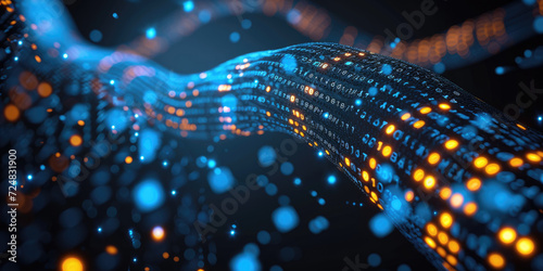 Fototapeta Naklejka Na Ścianę i Meble -  3d wire cable tunnel with digital binary data transmitting.Glowing data cables transferring information. futuristic, Technology, machine learning, big data, virtualization,