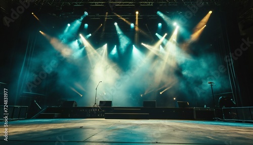 Empty concert stage with illuminated spotlights.