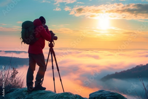 A daring mountaineer captures the breathtaking sunset from atop a towering mountain, equipped with trekking poles and a camera to document their thrilling outdoor adventure photo