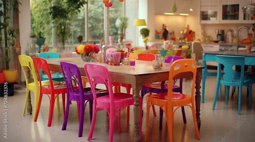 Whimsical rainbow-colored table, mismatched chairs, and quirky decor elements for a playful and eclectic feel in HD.