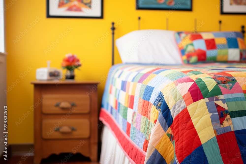 a colorful quilted bedspread on a trundle bed - obrazy, fototapety, plakaty 