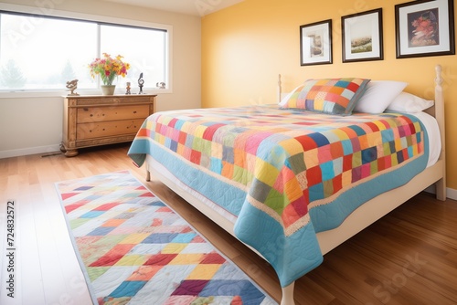 a colorful quilted bedspread on a trundle bed