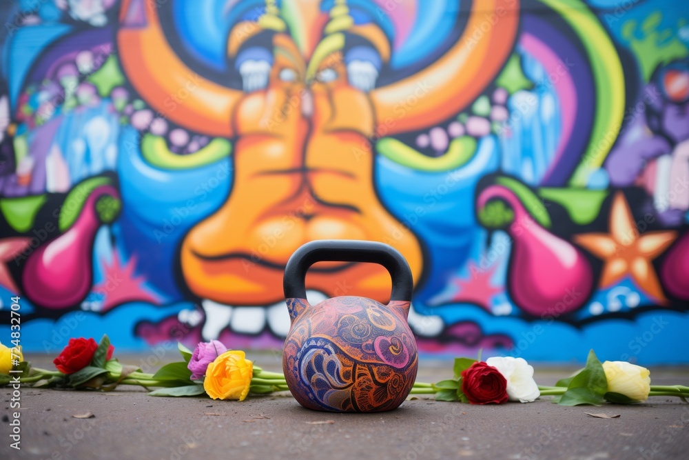 kettlebell in front of a bright, colorful graffiti wall