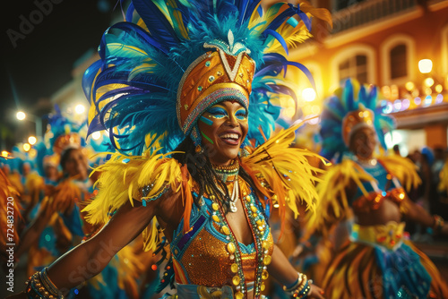 Exuberant Samba Dancer in Carnival Parade at Night 