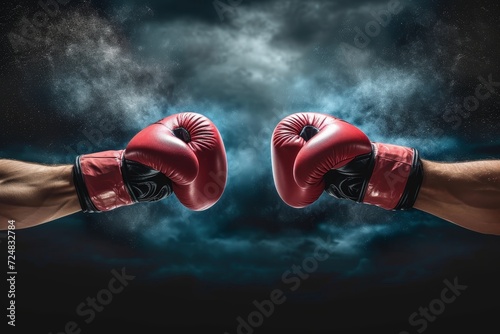 A fierce combat sport champion stands tall in the outdoor arena, ready to unleash their powerful muscles as they prepare to dominate their opponent with the iconic red boxing gloves