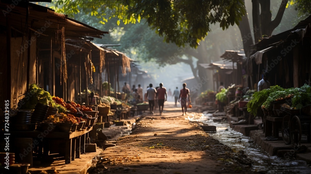 Bustling Village Market Scenes with Natural Surroundings Bustling Village Market Scenes with Natural Surroundings