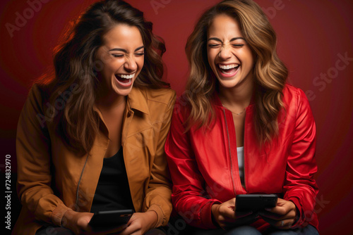 Two joyful female AI beings, immersed in a lively conversation on their mobile phones, set against a vibrant solid red background.