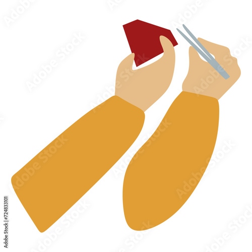 Flat jeweler hands Holding Tweezers and Big Ruby Gemstone. Red Brilliant icon. Jeweler profession. Jeweler day card. Vector Cartoon illustration isolated on white. Jewelry making concept.