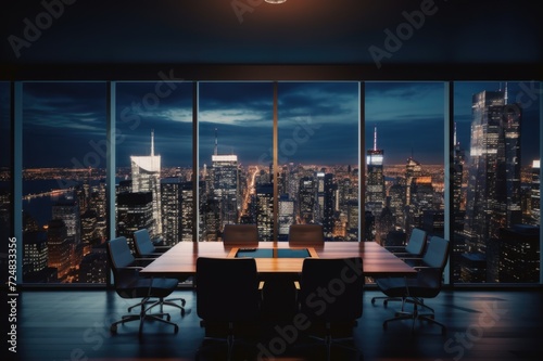 conference room in an office with black modern chairs and a brown table in between during night with the view of the city