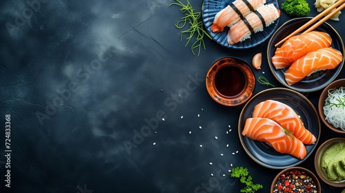 Obraz na płótnie Top view asian cuisine on dark background flat layout with empty space on on side. mockup and copy space design w salonie