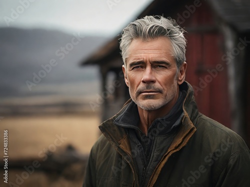 An elderly man against the backdrop of a barn and northern nature