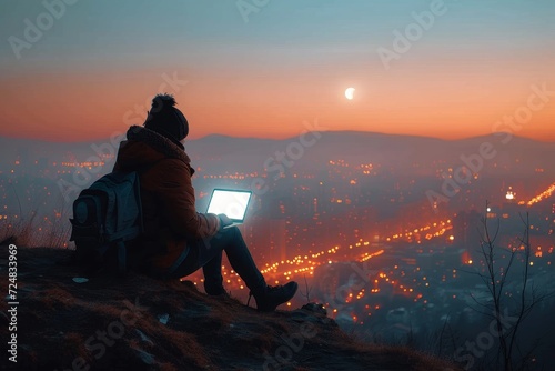 As the sun sets behind the rugged mountains, a lone hiker sits atop a hill, his silhouette against the colorful sky, typing away on his laptop, completely immersed in the beauty of the great outdoors photo