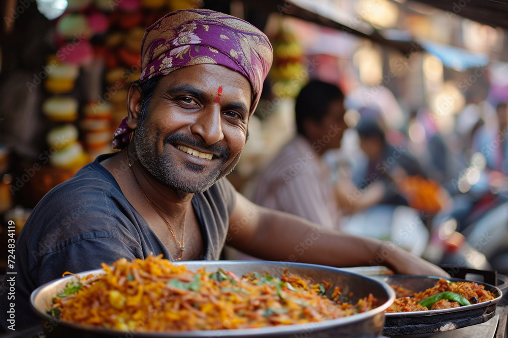 Indian street food seller man bokeh style background