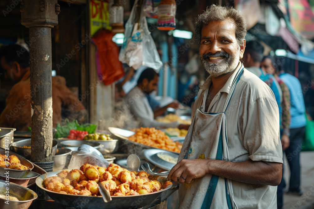 Indian street food seller man bokeh style background