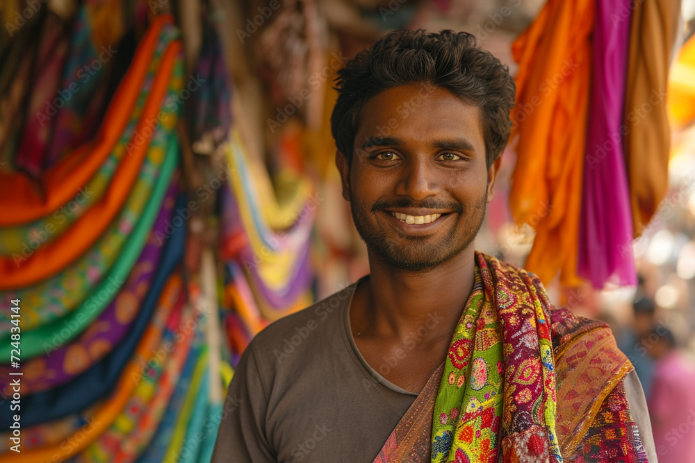 indian clothes seller man bokeh style background