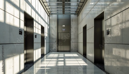 Modern elevator with closed doors.