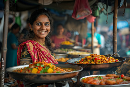 Indian street food seller woman bokeh style background photo
