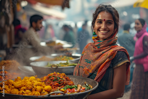 Indian street food seller woman bokeh style background