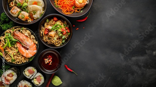 Top view asian cuisine on dark background flat layout with empty space on on side. mockup and copy space design