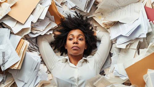 African American woman businesswoman lies amidst a vast array of scattered papers, portraying a metaphor for managing work stress photo