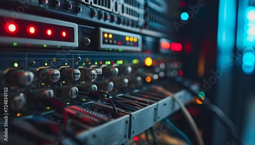 Rackmount LED console in the server room of the data center.