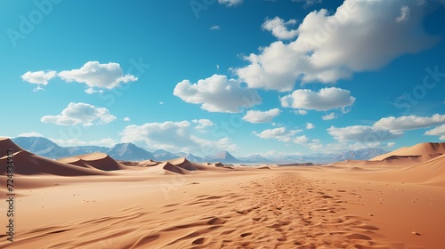 An expansive desert landscape, a sea of untouched sand stretching to the horizon under the clear blue sky