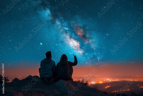 Two individuals find solace and wonder in the vastness of the night sky, nestled on a grassy hill, surrounded by the serene beauty of nature and the towering mountains, lost in the magic of astronomy