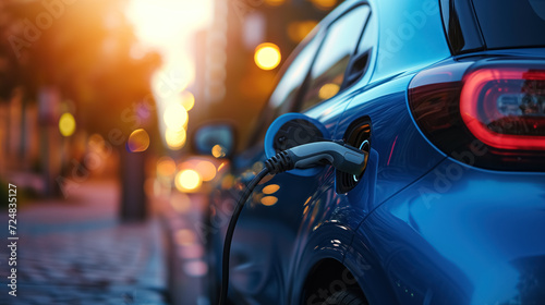 Blue electric car connected plugging to a charging station at dusk with city lights in the background. photo