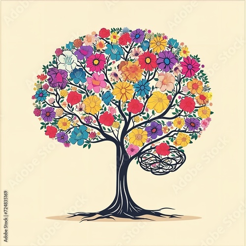 Human brain tree with flowers and self care