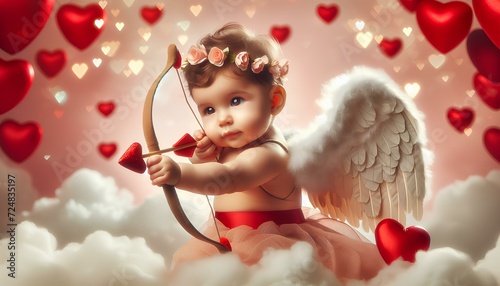 Child in Cupid costume with bow, arrow aimed at hearts on pastel background with bokeh, clouds