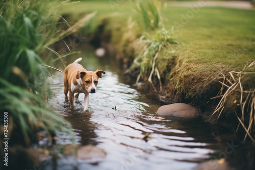 dog wading cautiously into a brook photo