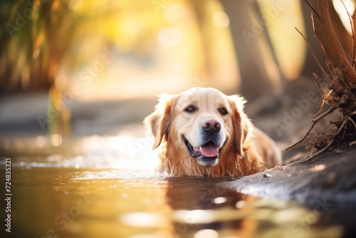 golden retriever lying in the brook cooling off photo
