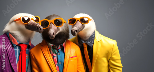Creative animal concept. Anteater in a group, vibrant bright fashionable outfits isolated on solid background advertisement, copy space. birthday party invite invitation banner photo