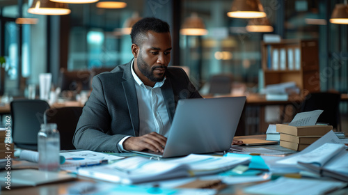 A businessman working on laptop in office