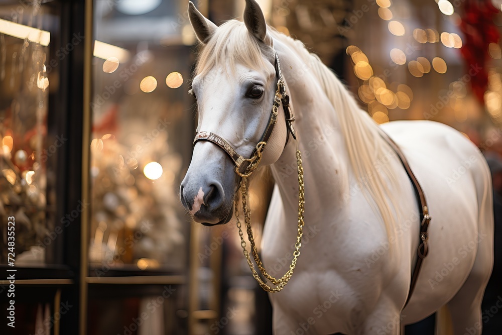 Obraz premium Fun on the street and horses decorated for the holiday. Concept: horseback riding and festivals with animals, bright bokeh lights from garlands