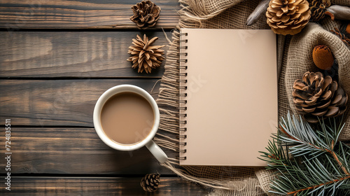 coffee cup and blank notebook on wooden table stock photo, in the style of nature-inspired motifs, festive atmosphere, brown, dark emerald and brown, traditional techniques reimagined, letterboxing 