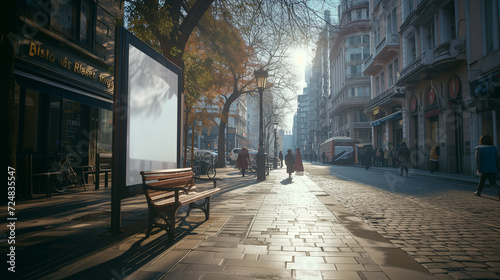 A photo of a bus stop with empty advertising banner