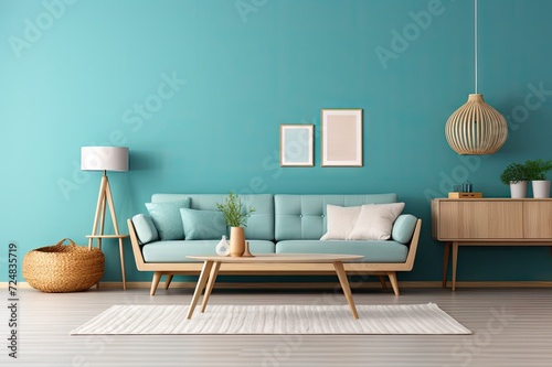 luxus living room with balls and blue sofa with white and blue pillows beside a lamp photo