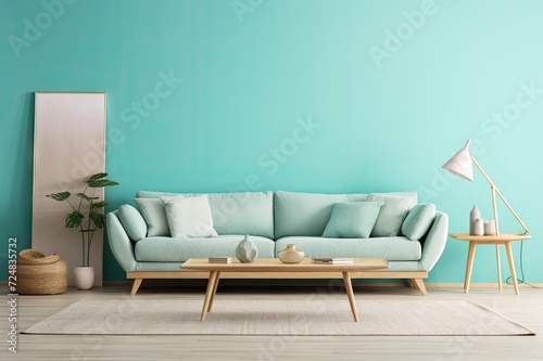 luxus living room with balls and blue sofa with white and blue pillows beside a lamp © usman