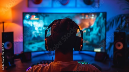 a man wearing headphones in front of a computer monitor with a gaming system © progressman