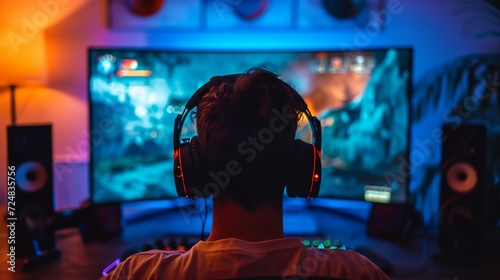 a man wearing headphones in front of a computer monitor with a gaming system